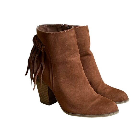 Carlos Santana Twilight Brown Suede Leather Boots Women's Size 6.5 Fringe Heel - Picture 1 of 14